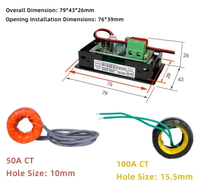 D69-2042 with CT Dual Display Voltmeter Ammeter Car motorcycle AC80-300V 0-50A - Image 5